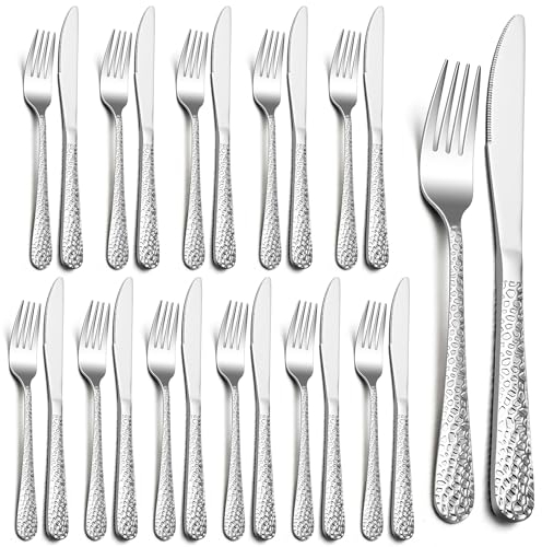 HaWare Steakbesteck Set für 12 Personen - 24-teilig, Edelstahl, Messer und Gabel mit Hammergriff, Steak/Pizza, Spülmaschinenfest