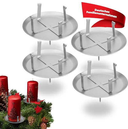 WIKAKERZEN Kerzenhalter Adventskranz – stabil & ohne Dorn – 4er Set in Silber | Adventskerzenhalter für LED & Wachskerzen | Kerzenstecker für Ø 6 cm Kerze