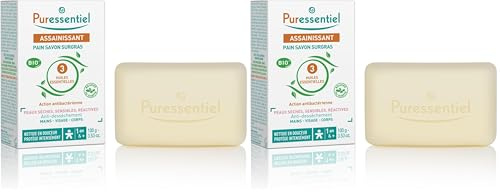Puressentiel Savon Pain Surgras aux 3 Huiles essentielles BIO - Antibactérien - Visage, Mains et Corps - Peaux Sèches, Sensibles et Réactives - Nettoie et Protège, Blanc, 100 g (Lot de 2)