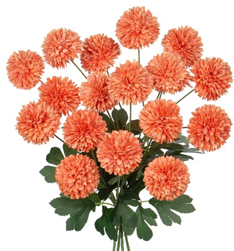 Oairse 4 racimos de flores artificiales de crisantemo con tallo de 60 cm de largo, bolas de crisantemo, flores de seda naranja, hortensias, ramo de novia, arreglo floral para decoración del hogar