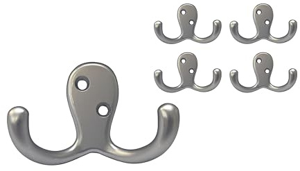 QCAA Premium Double Robe Hook, 2-3/4, Zinc Die Cast, Satin Matte Nickel, Made in Taiwan, 5 Pack