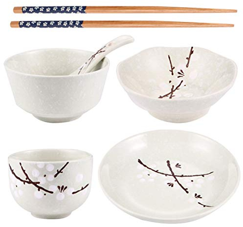 Ciieeo Japanese Ceramic Tableware Set for 1 6 Pcs Plates and Bowls Set for 1 with Bowl Plate Cup Spoon and Chopsticks for Home Dining