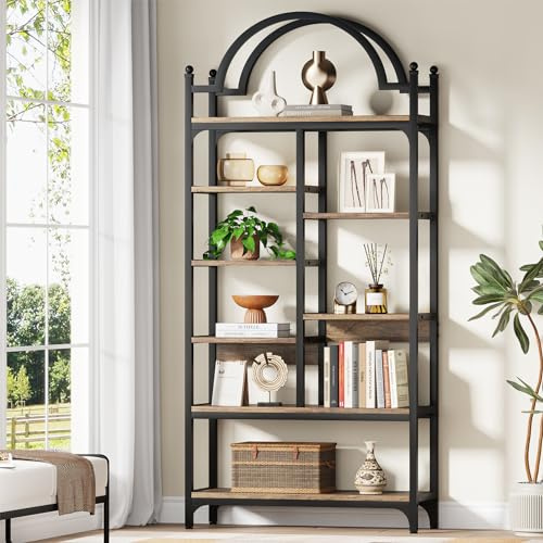 Condemo 71 inch Tall Arched Bookshelf, 8-Tier Industrial Arched Etagere Bookcase, Open Display Storage Shelf for Living Room, Bedroom, Home Office, Rustic Brown