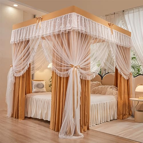 guoiooi Bettvorhang Betthimmel Rosa Luxus Spitze Bestickter Luxus Prinzessin DREI Seitenöffnungen Bettvorhang Mit 4 Eckpfosten,Moskitonetz Mesh Post Mit Ständer,Schlafzimmerdekoration(Brown,King)