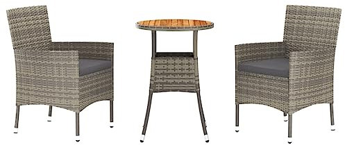 Makastle Bistroset 3-teilig, Balkonset Gartengarnitur mit Kissen, Outdoor Sitzgruppe für 2 Personen, Bistrotisch mit Gartenstühle, Gartenmöbel für Balkon, Grau Poly Rattan