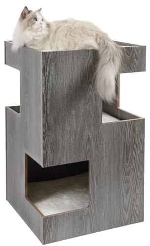 CanadianCat Company | Premium Katzenbett, Katzenhöhle Cat Castle Katzenturm mit Katzenhöhlen aus Holz, inkl. 3 Liegekissen, dunkelgrau, 50 x 50 x 80 cm