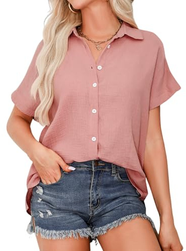 Aottori muslinblus, damer, eleganta toppar, 100 % bomull, kortärmad skjortblus med V-ringade blusar, tunika, toppar, sommar, ROSA, XL