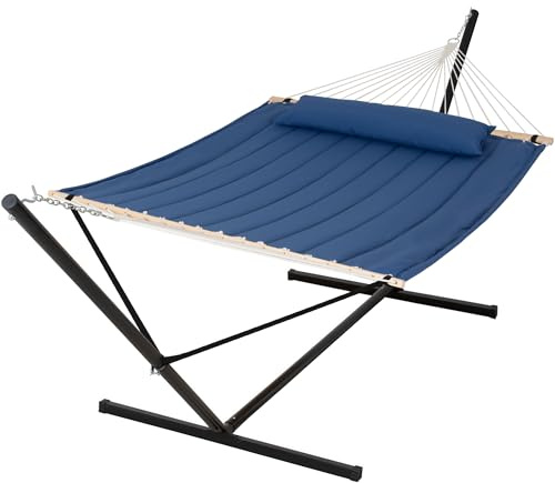 SUNCREAT Freistehende Hängematte für 2 Personen mit 4,5 m Ständer, 215,5 kg Kapazität, Hinterhof-Hängematte mit Ständer, Marineblau