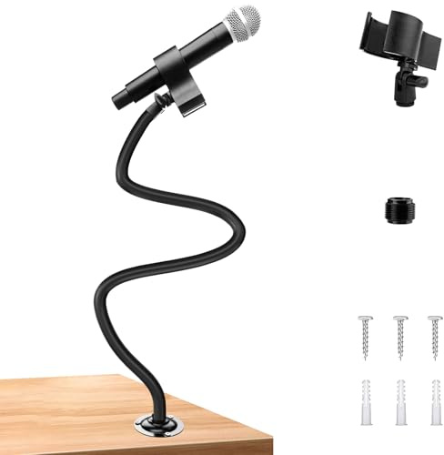 Microphone Holder - 23.6 inch Long Arm Gooseneck Desktop Mic Stand,Mic Arm Wall Mount,Metal Base Mic Clip 3/8 to 5/8 Adapter for Walls/Desk/Podium,Compatible with Shure/Fifine/AT2020/Pyle/Razer