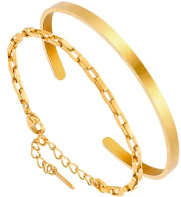 MILAKOO 2 Stück Manschette & Kette Armband Set Cooler Herren Edelstahl Gold Offener Armreif Stapelbar Kubanische Gliederkette