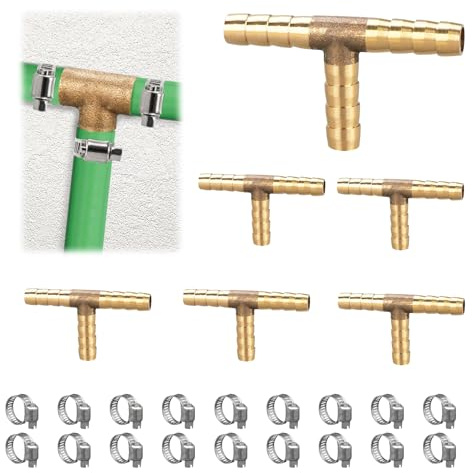 ASOFTY 6 Stück T - Schlauchverbinder, T Förmige Messing Schlauchtülle mit 18 Schellen, T Messing Verbindungsstück, Schlauchverschraubung, Messing Verbindungsschlauch (8MM)