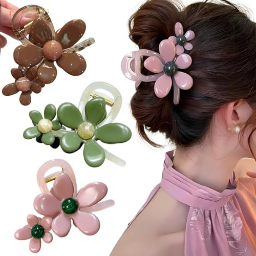 Ypkia 3 pinzas para el pelo con flores, tamaño mediano, 8 cm, multicolor, para mujer, para cabello grueso y fino, accesorios para el cabello para mujeres y niñas