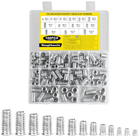 Juego de 150 tuercas de rosca M6 M8 M10, inserto roscado de madera, insertos roscados, casquillos roscados hexagonales, de acero al carbono, para muebles de madera
