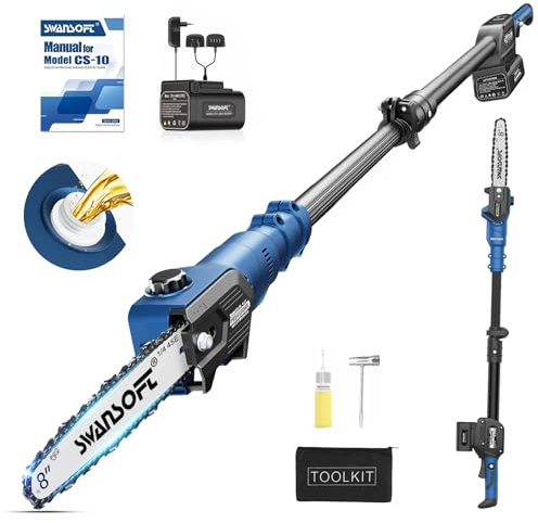 SWANSOFT Motosierra telescópica con barra de 2,6 m, 600 W, 21 V, kit de 2 baterías de 4,0 Ah - 20 cm, lubricación automática, 10 m/s - Sierra eléctrica para árboles frutales, olivos y jardín (CS-10)