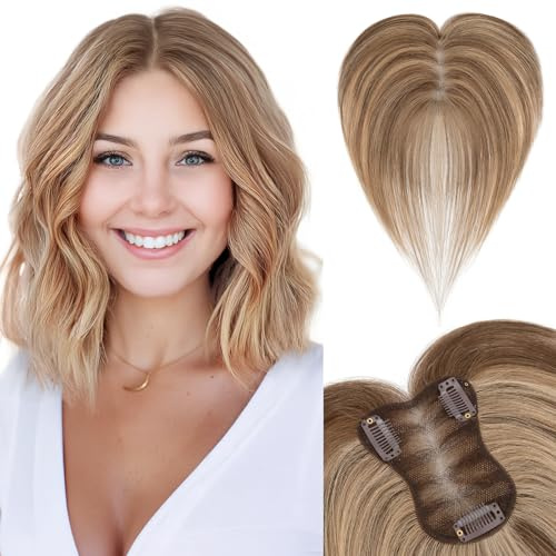 SEGOHAIR Echthaar Hair Topper für Frauen mit Seitenpony - 21g Handgebunden Basis Haar Topper Atmungsaktives Tüllnetz Spitze Basis 100% Echtes Haar Clip in Topper Mittelbraun/Dunkelblond