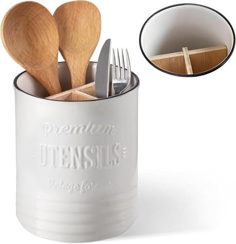 DOWAN Kitchen Utensil Holder, Beige Ceramic with Removable Divider, Perfect for Cooking Spoons, Knives, Spatulas, and More