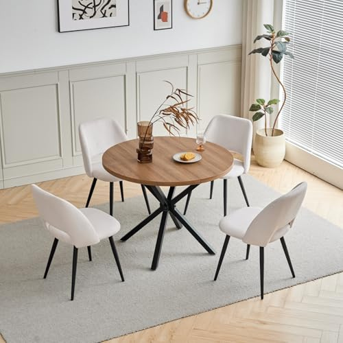 JZGORC Esstisch und Stuhlset, 100 cm Runder MDF Esstisch, 4 Gepolsterte Küchenstühle aus Cord mit Hohlrückenlehne, für Esszimmer, Wohnzimmer, Küche (Dunkel + Khaki)
