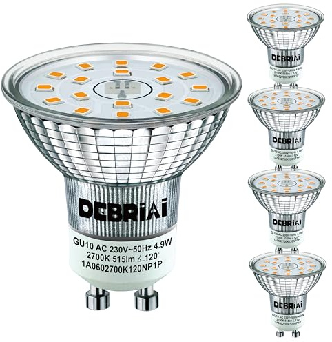 DEBRiAi 4er-Pack GU10 LED Lampe Warmweiss 2700K, 4,9W (Ersetzt 70W Halogen), 515lm Leuchtmittel, 120° Abstrahlwinkel, Nicht Dimmbar Reflektorleuchten, AC 230V, Aluminium Silber