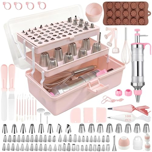 Gawren-H&E 208 PCS Cake Decorating Kit,Baking Supplies with Dessert Decorating Syringe Set,Storage Case,Icing Piping Bags and Tips Set,Frosting Fondant Bakery Set for Adults Beginners(Light Pink)