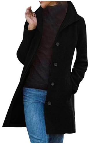 Générique Manteau Femme Hiver Élégant Laine Veste Longue Manteau d'hiver à Revers Trench-Coat Boutonnage Chic Manteaux Chaud Couleur Unie Veste avec Poches Outwear Printemps Automne Hiver