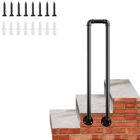 Renmlion Industrial Stair Railing Kit，Black U-Shaped Handrails for Indoor Outdoor Stairs，75cm/85cm/90cm/95cm/100cm Metal Staircase Banister Railing Safety Hand Rails Support Rod(100cm/39in)