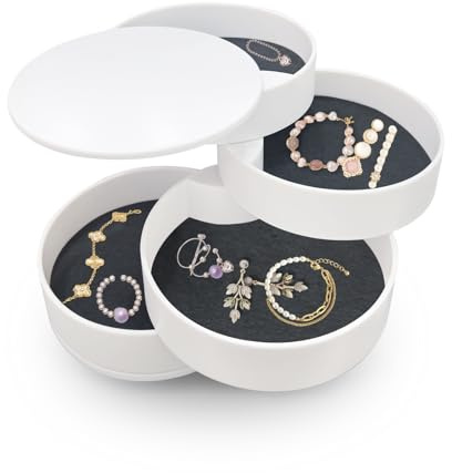 ROEOWENE Smyckesförvaring, rund, vridbar, smyckeskrin, liten, damer, flickor, 4 nivåer, smyckeslåda, smyckes organizer box, smyckeskrin, smyckesdosa, liten för ringar, örhängen, halsband – Vit