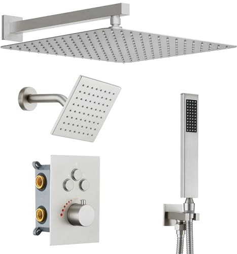 JetsBath Thermostatic Dual Shower System with Wall Mount 12-Inch Rainfall Shower & 6-Inch Shower Head, Brushed Nickel Shower Faucet Set with High Pressure Handheld Sprayer, Can Use All at Once