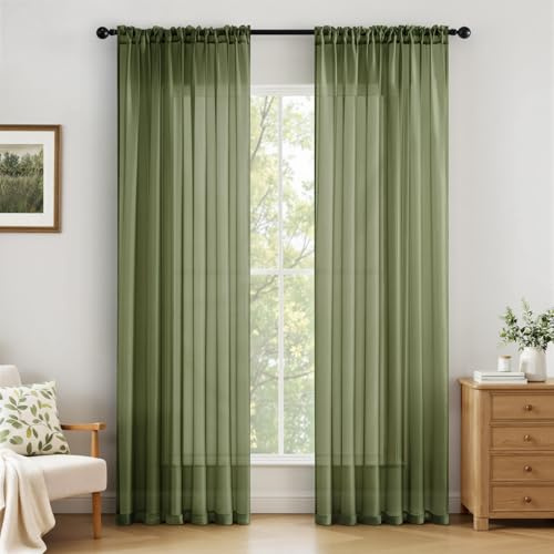 MIULEE Voile Vorhang Transparente Gardine aus Voile Einfarbig Stangendurchzug Transparent Wohnzimmer Luftig Dekoschal für Schlafzimmer 2er Set 245 x 140cm (H x B), Rod Pocket Matcha-Grün