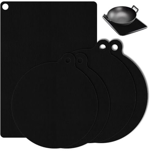 5 Pièces Protection Plaque Induction, 22cm/24cm/25X35cm Tapis Plaque Induction en Silicone, Résistant à la Chaleur jusqu'à 260°C, Faciles à Nettoyer, Cache Protege Plaque de Cuisson Silicone, Noir