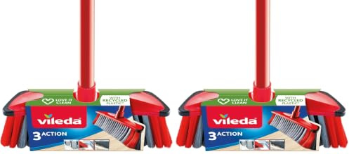 Vileda 3Action - Escoba para Interiores con 3 cerdas Rojo - Gris, 28 x 14 x 4 cm (Paquete de 2)