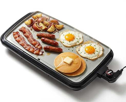 Elite Gourmet 10 x 20, Electric Griddle, Large PFAS-Free Ceralast™ Ceramic Non-Stick Surface Cool-touch Handles, Removable/Adjustable Thermostat, Easy to Clean Removable Grease Tray, Black/Grey