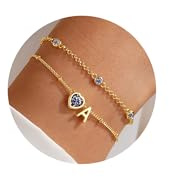 Turandoss 2 stycken armband med bokstäver damer guld – 14K förgyllt guld födelsesten armband bokstäver armband hjärta flicka, födelsedagspresent för kvinnor tonåring flickor flickvän smycken, Mässing