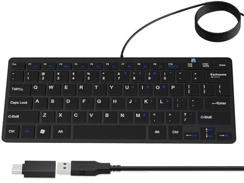 SSS·GRGB 78-Key Compact Wired Keyboard for Mac/Windows, USB-A/C, Black | US QWERTY layout, 10 media hotkeys, quiet scissor keys, 8° tilt, anti-slip feet and 140 cm braided cable for home or office