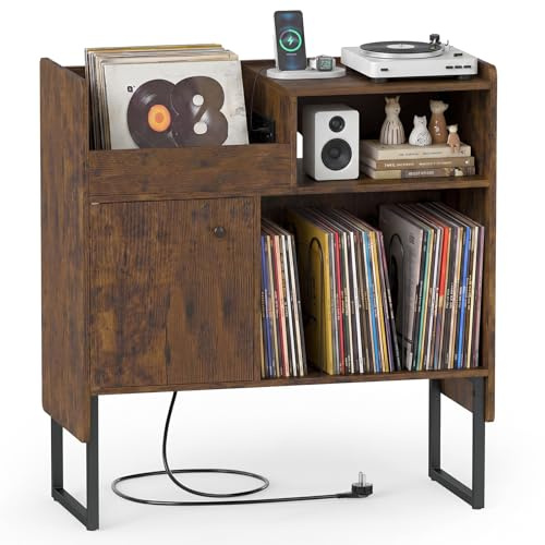 COSTWAY Meuble Platine Vinyle avec Prise, Support Tourne-Disque pour jusqu'à 300 Albums, Compartiments Ouverts, Placard, Meuble Rangement HiFi pour CD DVD Manga Livre