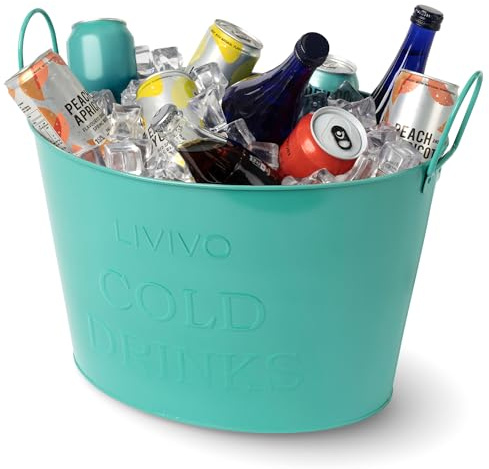 LIVIVO 24L Galvanised Steel Large Ice Bucket - Drinks Cooler Bucket with Handles for Parties, BBQs, Garden Bar, Beer Bucket, Wine & Champagne Cooler, Metal Tub for Bottles & Cans - Turquoise