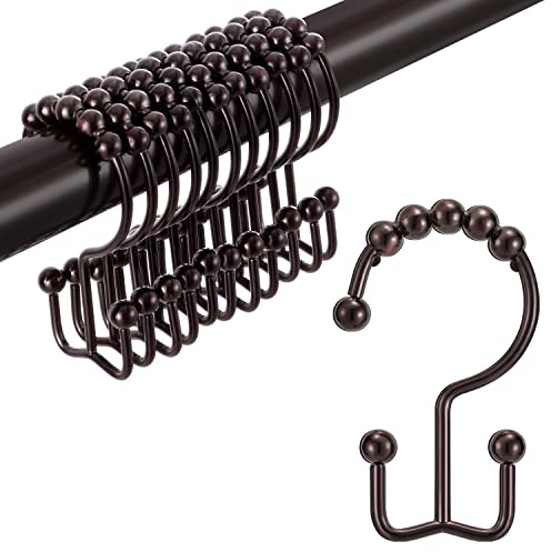 Shower Curtain Hooks Rings, TENOVEL Double Sided Shower Hooks Rust Proof for Bathroom Shower Rods Curtain, Durable Stainless Steel Bathroom Shower Curtain Hangers, Bronze, Set of 12