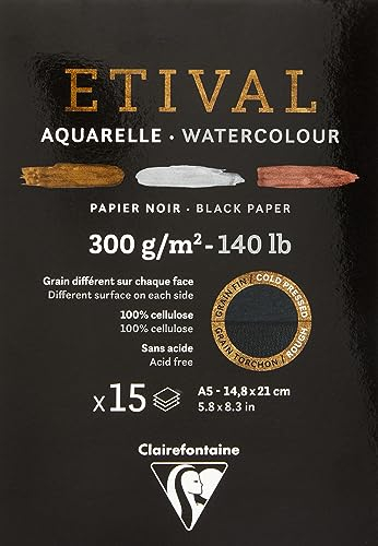 Clairefontaine 975317C - Malblock verleimt 2 Körnungen, 1 Seite Etival Papier, 15 Blatt 14,8x21 cm 300g , Schwarz