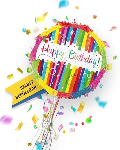 Party Factory – Pinata Happy Birthday bunt für Jungen & Mädchen zum Befüllen & aufhängen – Schlag-Piñata als Party Deko in 44x9x44 cm für Geburtstag & Mottopartys – Partyspiel Motiv-Pinjata für Kinder