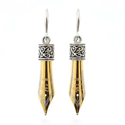 Pen Nib Earrings in Gold colour in gift Velvet Pouch with no allergic Sterling Silver plated Ear Wire Closure