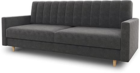 Schlafsofa Sara - Sofa mit Schlaffunktion und Bettkasten, Bettsofa mit Wellenfeder, Schlafcouch mit Holzfüße, Couch vom Hersteller, Couchgarnitur, Velours (Graphit (Kronos 22))