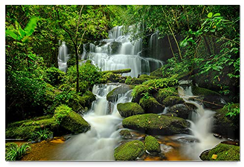 EIN imposantes Glas-Bild, Wasserfall 150x100cm groß dargestellt. Mit 8mm stärke setzt Sich das Acrylglasverbund-Bild, Regenwald durch die unsichtbare Befestigung schwebend von der Wand ab