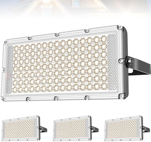 Viugreum 4 * 100W Foco Led Exterior, 10000LM Blancos Cálido 3200K Foco Proyector LED 100W, IP66 Impermeable Luz de Seguridad, Led Floodlight para Jardín, Taller, Garaje[Ultrafino]