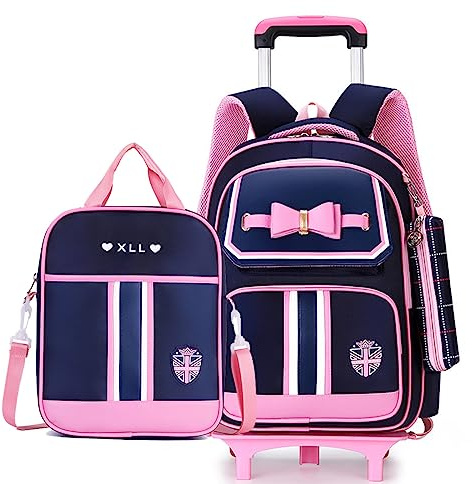 ZHANAO Roll-Trolley-Tasche mit Rollen, Schleife, für Mädchen, Grundschultasche, 3-teilig, mit Umhängetasche, Federmäppchen