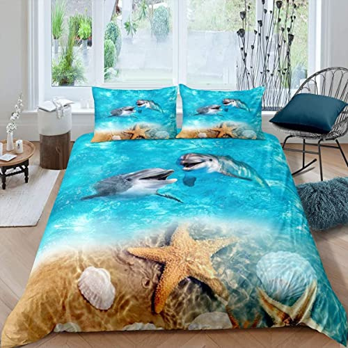 Homemissing Dauphin Ensemble de lit 220x240cm Plage étoile de mer Motif Ensemble de literie pour Enfants océan Animal décor Housse de Couette Ensemble hawaïen été Plage Schéma 3 pièces