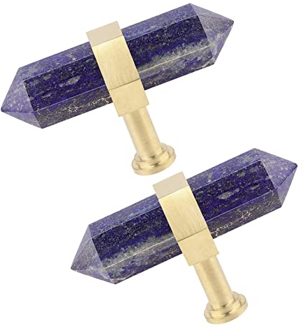 KYEYGWO 2 Stück Lapislazuli Heilstein Punkt Möbelknöpfe mit Schrauben, Messing Schubladenknöpfe Kristall Sechseckiger Schrankknöpfe Haus Decor Kommodenknöpfe Hexagonal Garderobe Ziehgriff