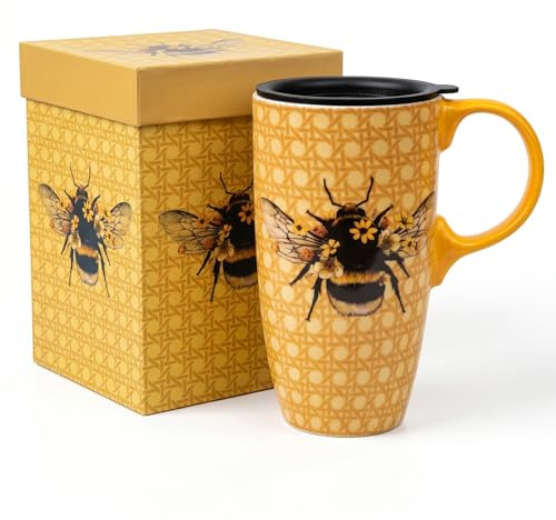 DUSVALLY Taza de cerámica grande para café, tazas altas de porcelana, taza de té con leche, taza de té con tapa, taza de animales de 17 onzas, abeja