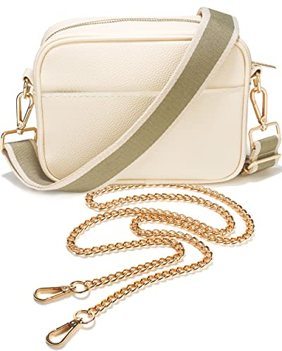Lily England Crossbody Bag für Damen mit breiter Gurt & extra Kette - Premium Umhängetasche aus veganem Leder gemacht - Sichere Crossbag mit großen Reißverschlussfächern, Creme