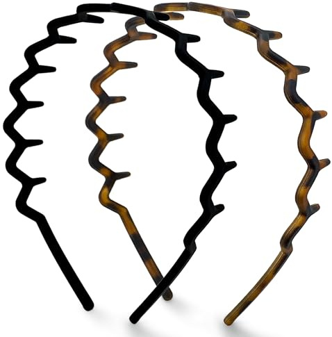 Kitsch Zickzack-Stirnbänder, gewelltes Haarband aus recyceltem Kunststoff mit Zähnen, Stirnband für Damen und Herren, klassisches Haar-Accessoire im 90er-Jahre-Stil, 2 Stück (Schwarz und Braun)