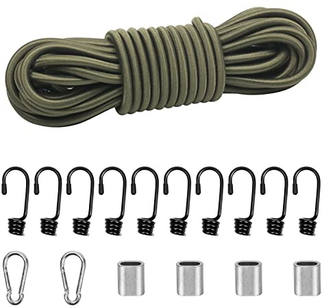 Dondeen Elastic Cord,Shock Cord Heavy Duty Elasticated Shock Cord Black Bungee Cords with Hooks and Spring Cord Lock for Caravan Cargo Craft Rack (8mm x 10M, Camouflage green)