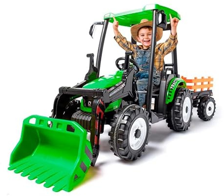ATAA Farmer 24v grön - elektrisk traktor för barn XXL med kraftfullt 24v batteri, rörlig spade, släpvagn musiklampor och föräldrakontroll